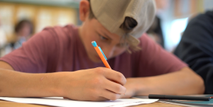 Young student completing worksheet activity.